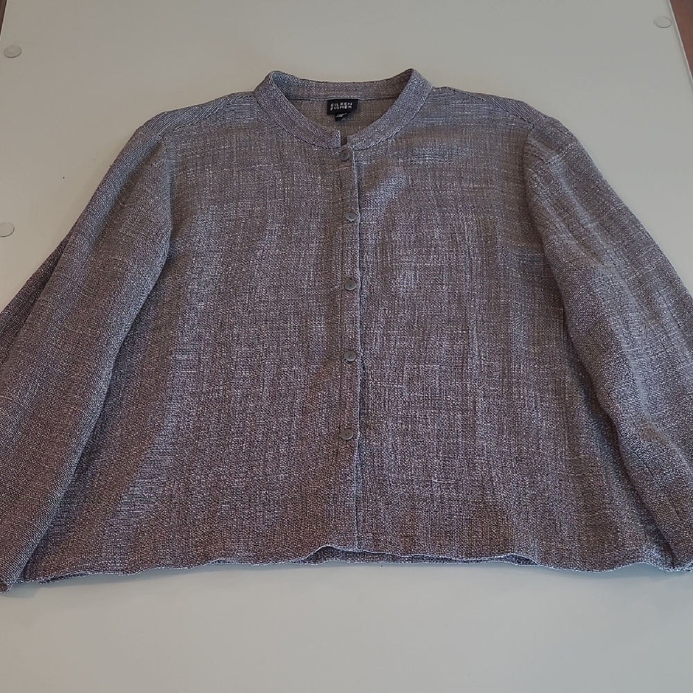 Eileen Fisher Textured Gray Button-Front Boxy Top